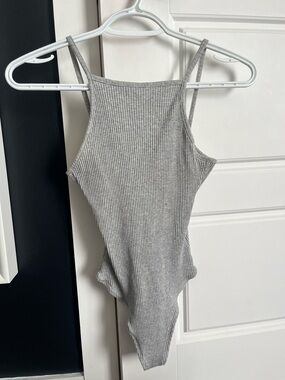 Dynamite Gray Ribbed High-Neck Tank Top Bodysuit